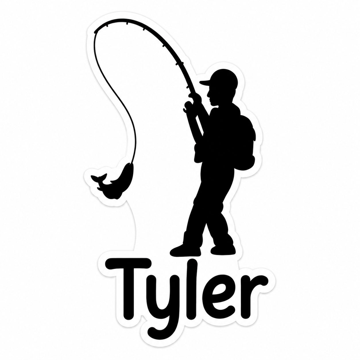 Black personalized fishing kid decal with custom name Tyler featuring a child fishing silhouette and hooked fish on white background.