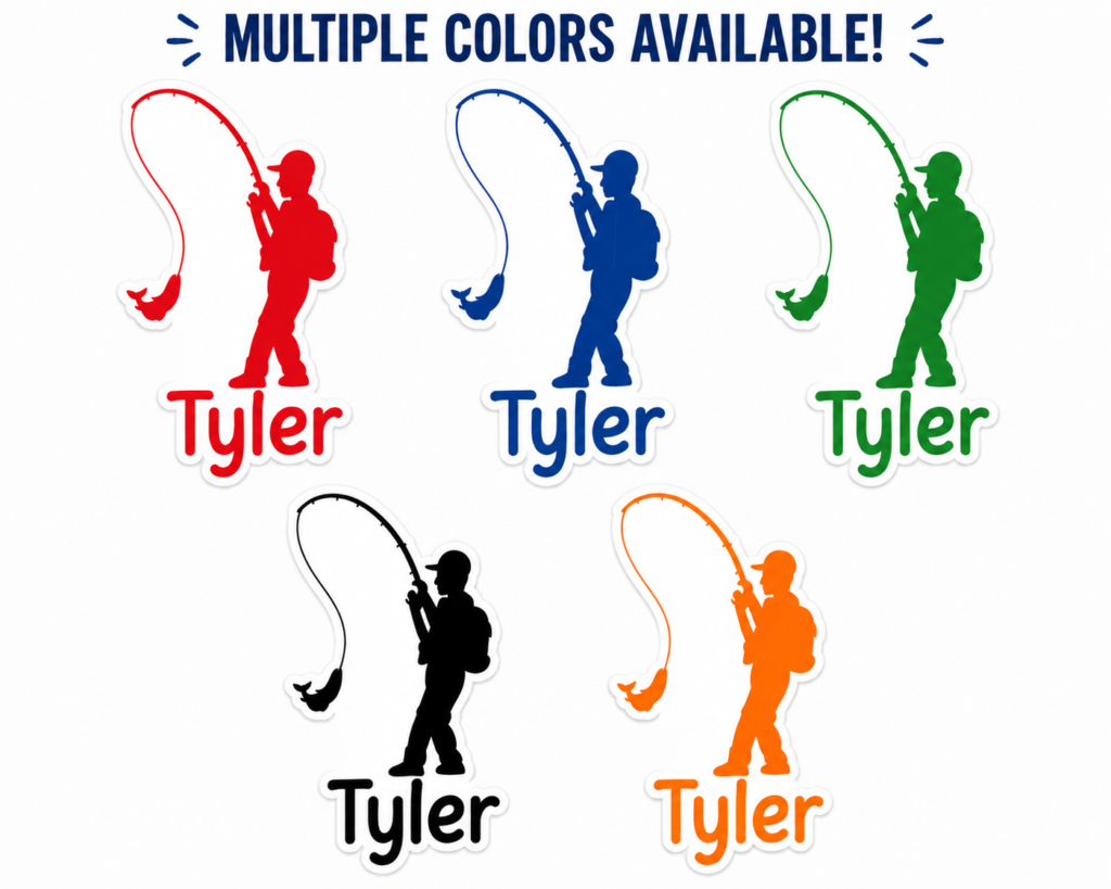 Personalized fishing boy decal available in multiple colors including red, blue, green, black, and orange with custom name Tyler shown beneath fishing silhouette.