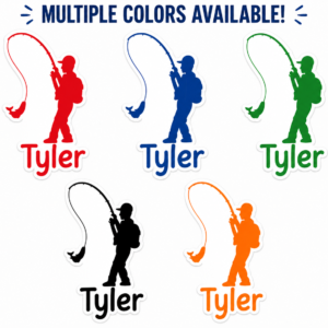 Personalized fishing boy decal available in multiple colors including red, blue, green, black, and orange with custom name Tyler shown beneath fishing silhouette.