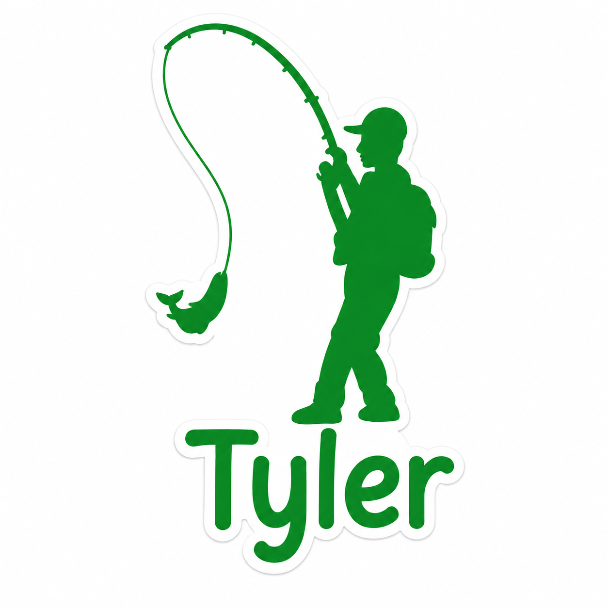Green personalized fishing sticker with custom child name Tyler and fishing silhouette vinyl decal on white background.