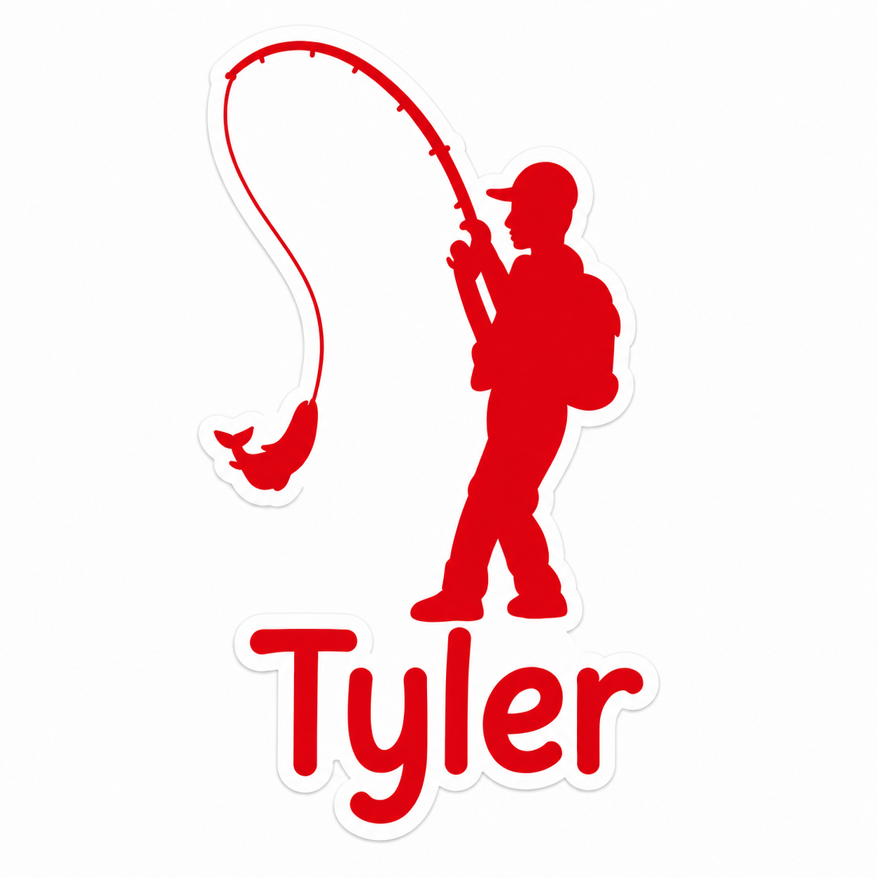 Red personalized fishing kid decal featuring a young angler silhouette with custom name Tyler and fish design in waterproof vinyl.