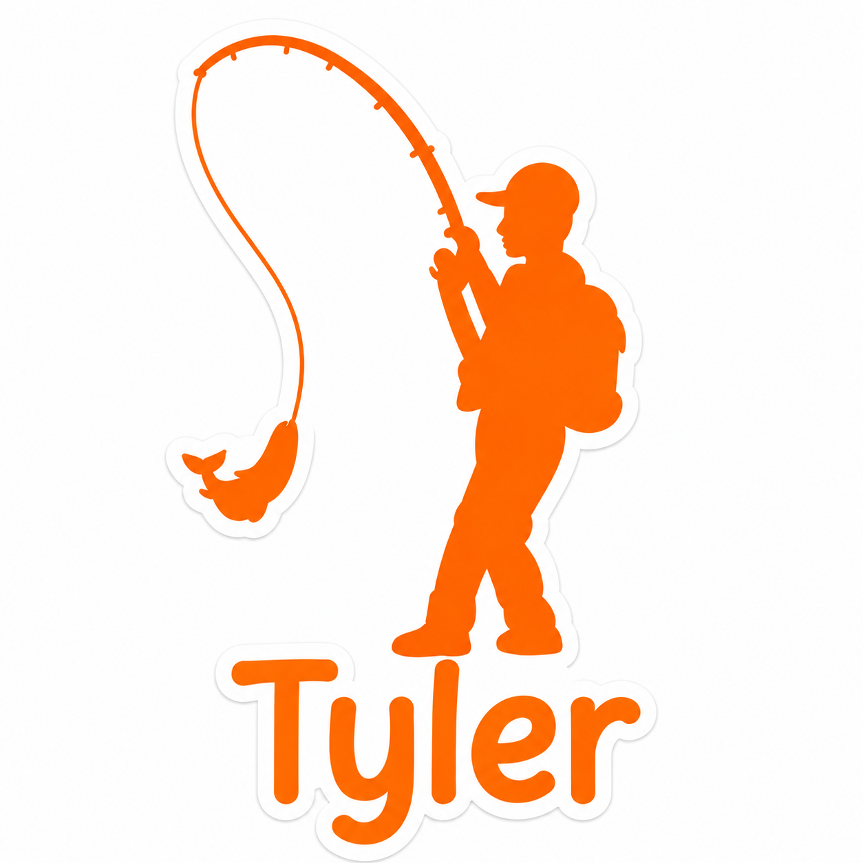 Orange personalized fishing decal featuring young fisherman silhouette and custom name Tyler in waterproof vinyl.