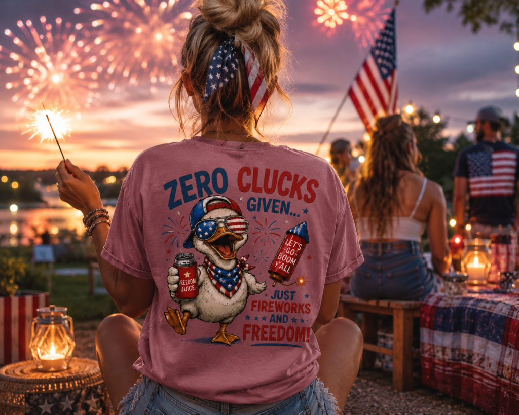 Black Zero Clucks Given patriotic chicken shirt with funny 4th of July farm design