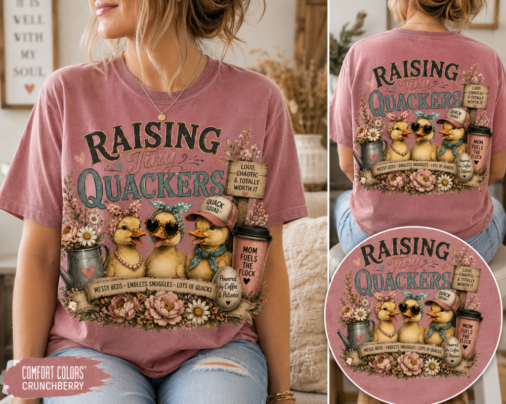 Woman wearing a dusty rose “Raising Tiny Quackers” graphic tee featuring adorable ducklings, farmhouse florals, and vintage country-inspired artwork with front and back shirt views.