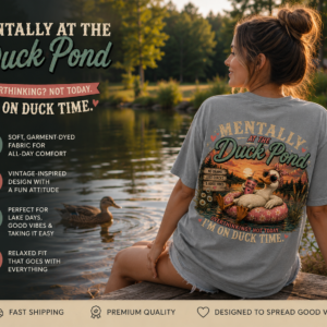 Woman wearing a gray “Mentally at the Duck Pond” graphic t-shirt sitting beside a peaceful pond at sunset, featuring a large vintage duck design on the back with relaxed lake-life vibes and rustic outdoor scenery.