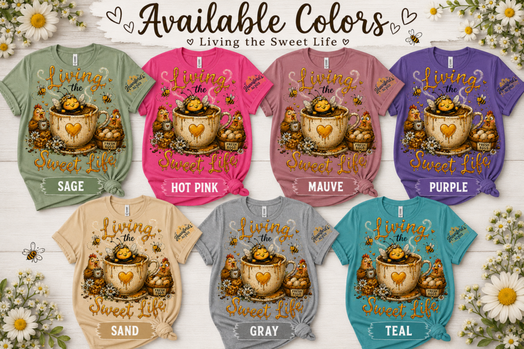 Color availability chart for “Living the Sweet Life” farmhouse graphic t-shirt featuring bee, chicken, and honey cup artwork with Hunniford Acres sleeve logo in sage, hot pink, mauve, purple, sand, gray, and teal colors.