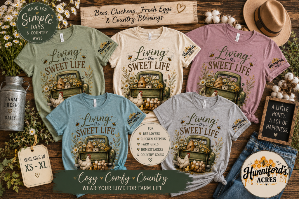 Rustic farmhouse graphic t-shirt collection featuring “Living the Sweet Life” vintage truck design with chickens, bees, flowers, fresh eggs, and Hunniford Acres sleeve logo in sage green, sand, mauve, teal blue, and gray colors