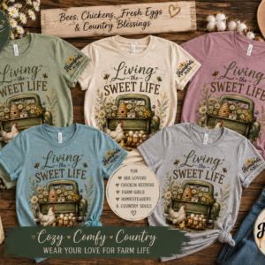 Rustic farmhouse graphic t-shirt collection featuring “Living the Sweet Life” vintage truck design with chickens, bees, flowers, fresh eggs, and Hunniford Acres sleeve logo in sage green, sand, mauve, teal blue, and gray colors