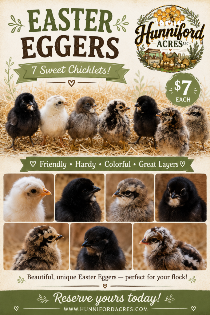 Adorable Easter Egger baby chicks for sale at Hunniford Acres LLC standing together in rustic farm bedding