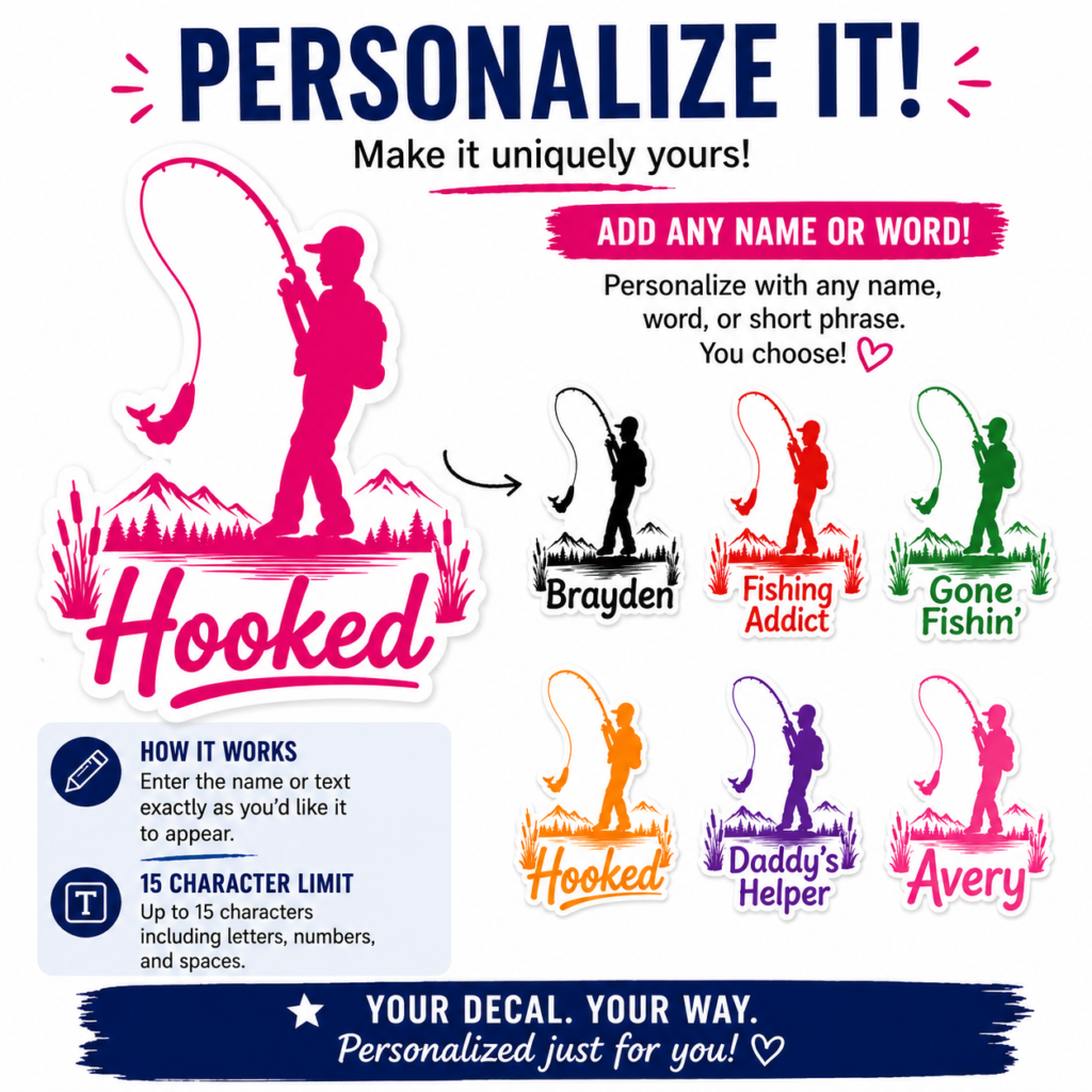 Custom fishing-themed decal featuring a child fishing silhouette with mountains and lake scenery. Sticker can be personalized with any name, word, or short phrase in multiple colors including pink, green, purple, orange, and black.