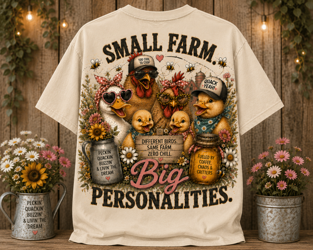 Front and back graphic farm-themed shirt design featuring Hunniford Acres LLC logo on the front chest and a humorous “Small Farm, Big Personalities” barnyard illustration on the back with ducks, chickens, ducklings, flowers, mason jars, bees, and playful farmhouse sayings.