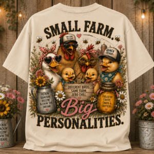 Front and back graphic farm-themed shirt design featuring Hunniford Acres LLC logo on the front chest and a humorous “Small Farm, Big Personalities” barnyard illustration on the back with ducks, chickens, ducklings, flowers, mason jars, bees, and playful farmhouse sayings.