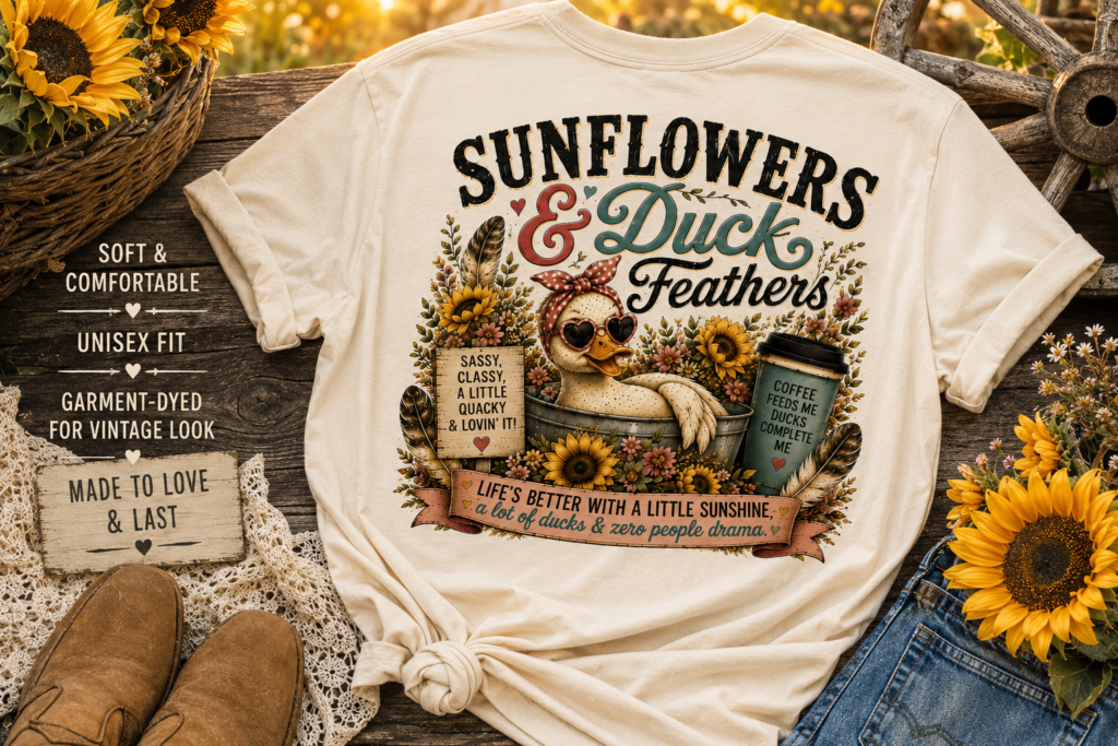 Vintage-style graphic t-shirt featuring a duck surrounded by sunflowers with rustic farmhouse accents, playful quotes, and a cozy country aesthetic.