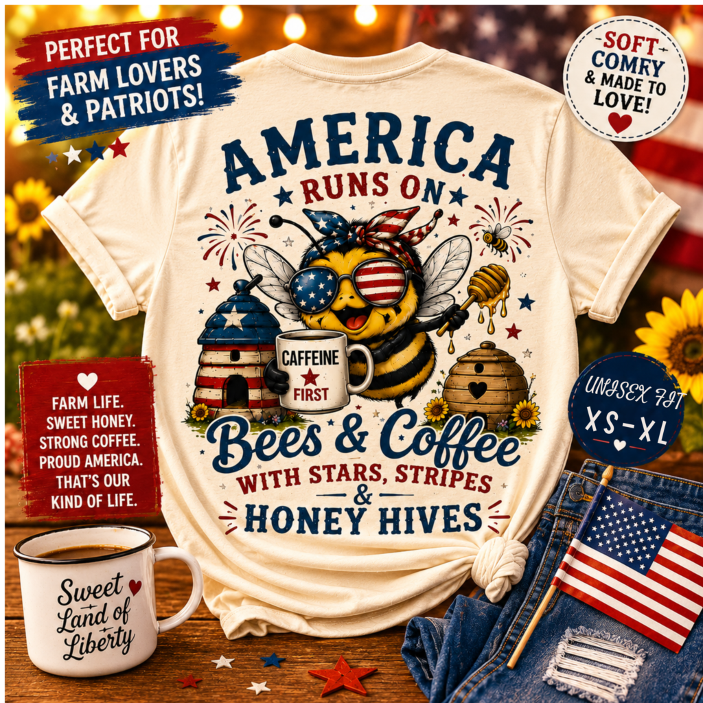Woman wearing a cream-colored patriotic farmhouse t-shirt featuring a colorful bee in American flag sunglasses holding a coffee mug that reads "Caffeine First." The back design includes beehives, honey dippers, fireworks, stars, and patriotic red, white, and blue accents with the phrase "America Runs on Bees & Coffee with Stars, Stripes & Honey Hives." The woman is standing on a rustic farmhouse porch decorated with American flags, sunflowers, lanterns, and a "God Bless America" coffee mug.