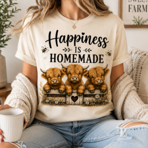 A rustic Pinterest mockup featuring a mauve "Happiness Is Homemade" Highland Cow graphic t-shirt with three adorable Highland calves, western boots, cowboy hats, and farmhouse decor. Perfect for farm girls, country living, and Highland cow lovers.