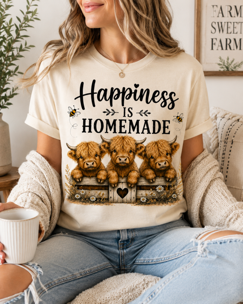 A rustic Pinterest mockup featuring a mauve "Happiness Is Homemade" Highland Cow graphic t-shirt with three adorable Highland calves, western boots, cowboy hats, and farmhouse decor. Perfect for farm girls, country living, and Highland cow lovers.