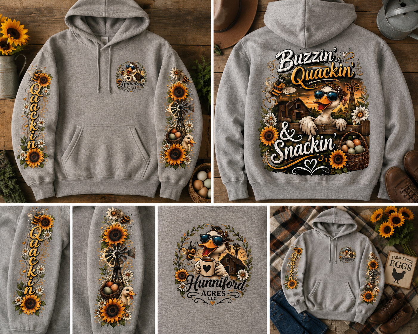Farm-inspired hoodie featuring a funny duck wearing sunglasses with "Buzzin' Quackin' & Snackin'" artwork on the back, matching farm-themed sleeve designs, and a Hunniford Acres logo on the front.