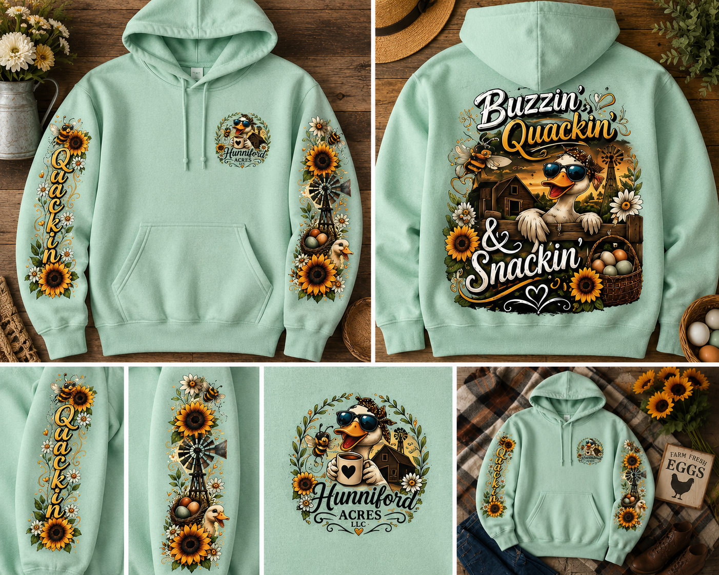 Farm-inspired hoodie featuring a funny duck wearing sunglasses with "Buzzin' Quackin' & Snackin'" artwork on the back, matching farm-themed sleeve designs, and a Hunniford Acres logo on the front.