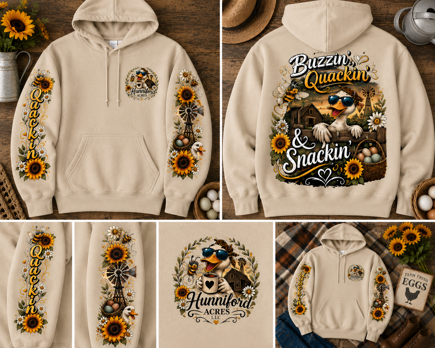 Farm-inspired hoodie featuring a funny duck wearing sunglasses with "Buzzin' Quackin' & Snackin'" artwork on the back, matching farm-themed sleeve designs, and a Hunniford Acres logo on the front.