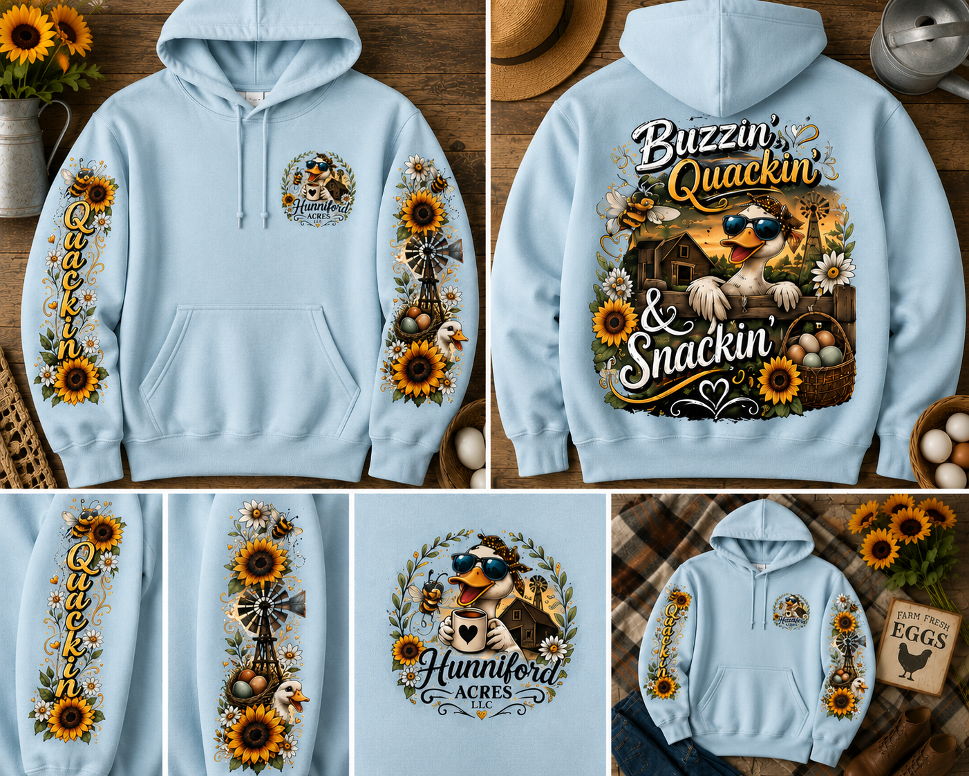 Farm-inspired hoodie featuring a funny duck wearing sunglasses with "Buzzin' Quackin' & Snackin'" artwork on the back, matching farm-themed sleeve designs, and a Hunniford Acres logo on the front.