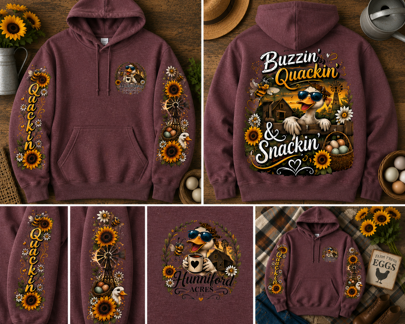Farm-inspired hoodie featuring a funny duck wearing sunglasses with "Buzzin' Quackin' & Snackin'" artwork on the back, matching farm-themed sleeve designs, and a Hunniford Acres logo on the front.