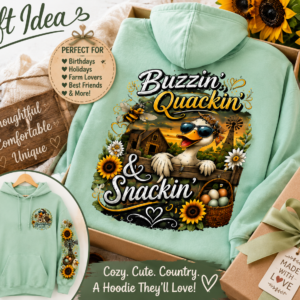 arm-inspired hoodie featuring a funny duck wearing sunglasses with "Buzzin' Quackin' & Snackin'" artwork on the back, matching farm-themed sleeve designs, and a Hunniford Acres logo on the front.