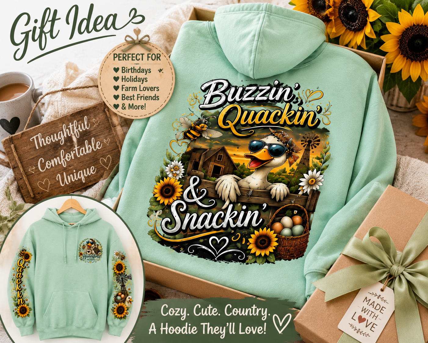 arm-inspired hoodie featuring a funny duck wearing sunglasses with "Buzzin' Quackin' & Snackin'" artwork on the back, matching farm-themed sleeve designs, and a Hunniford Acres logo on the front.