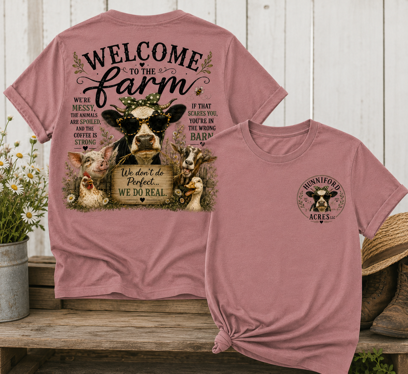 Unisex graphic T-shirt featuring a "Welcome to the Farm" design with farm animals, a rustic barn scene, and a coordinating front chest logo