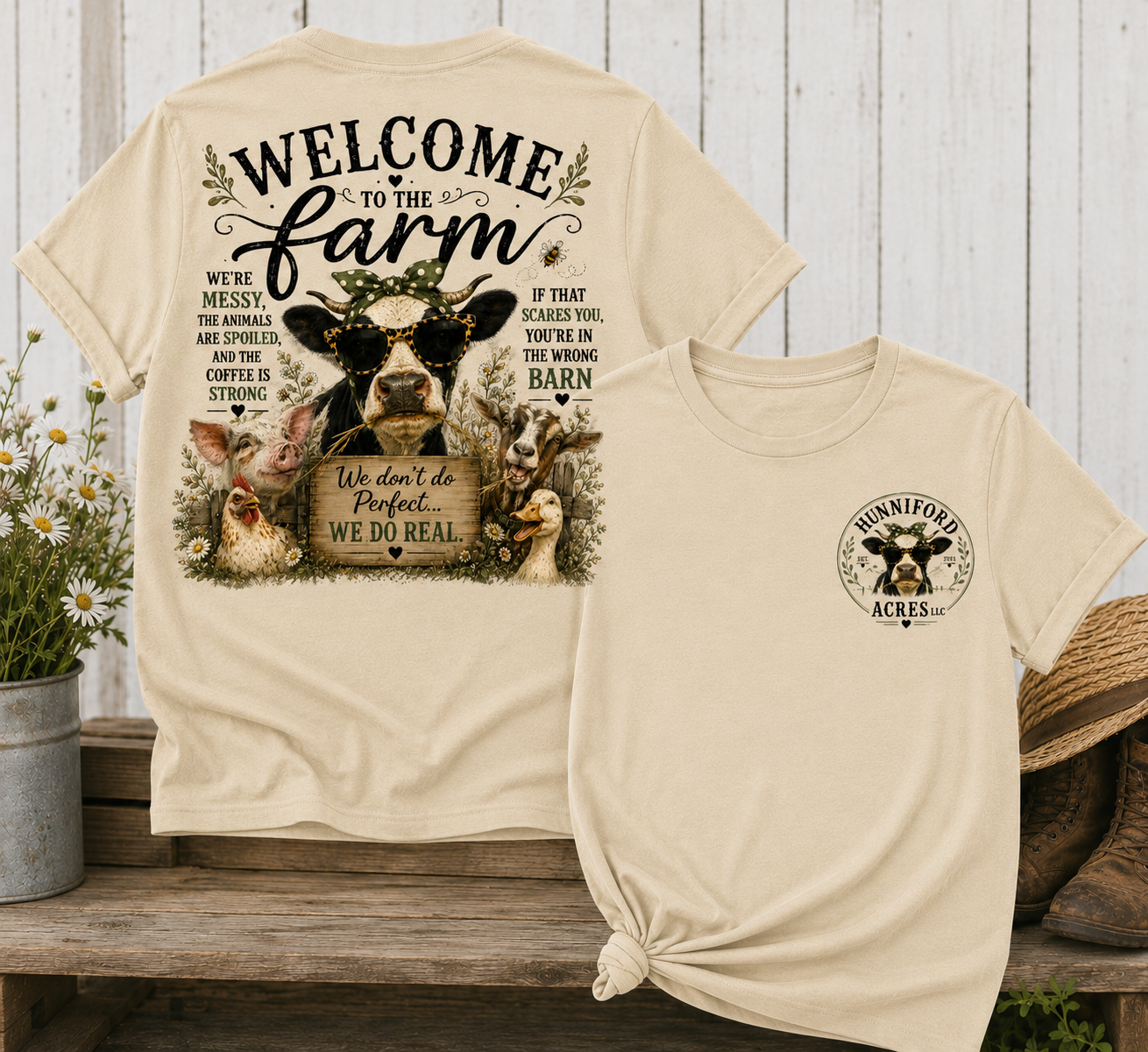 Unisex graphic T-shirt featuring a "Welcome to the Farm" design with farm animals, a rustic barn scene, and a coordinating front chest logo.