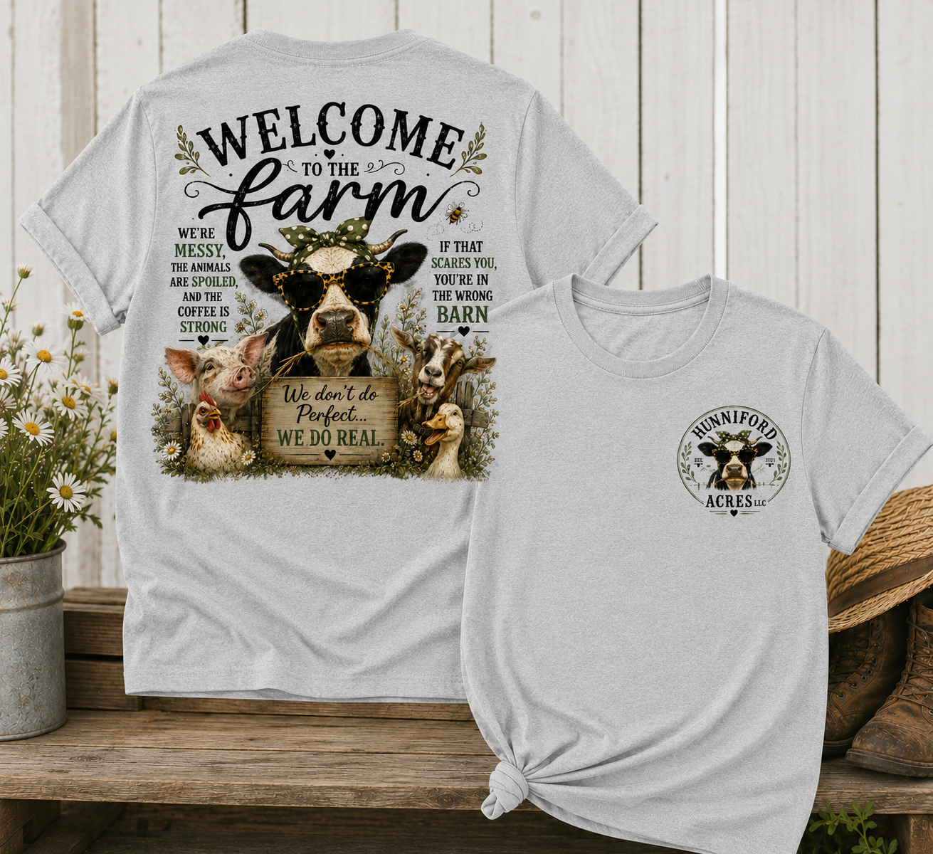 Unisex graphic T-shirt featuring a "Welcome to the Farm" design with farm animals, a rustic barn scene, and a coordinating front chest logo.