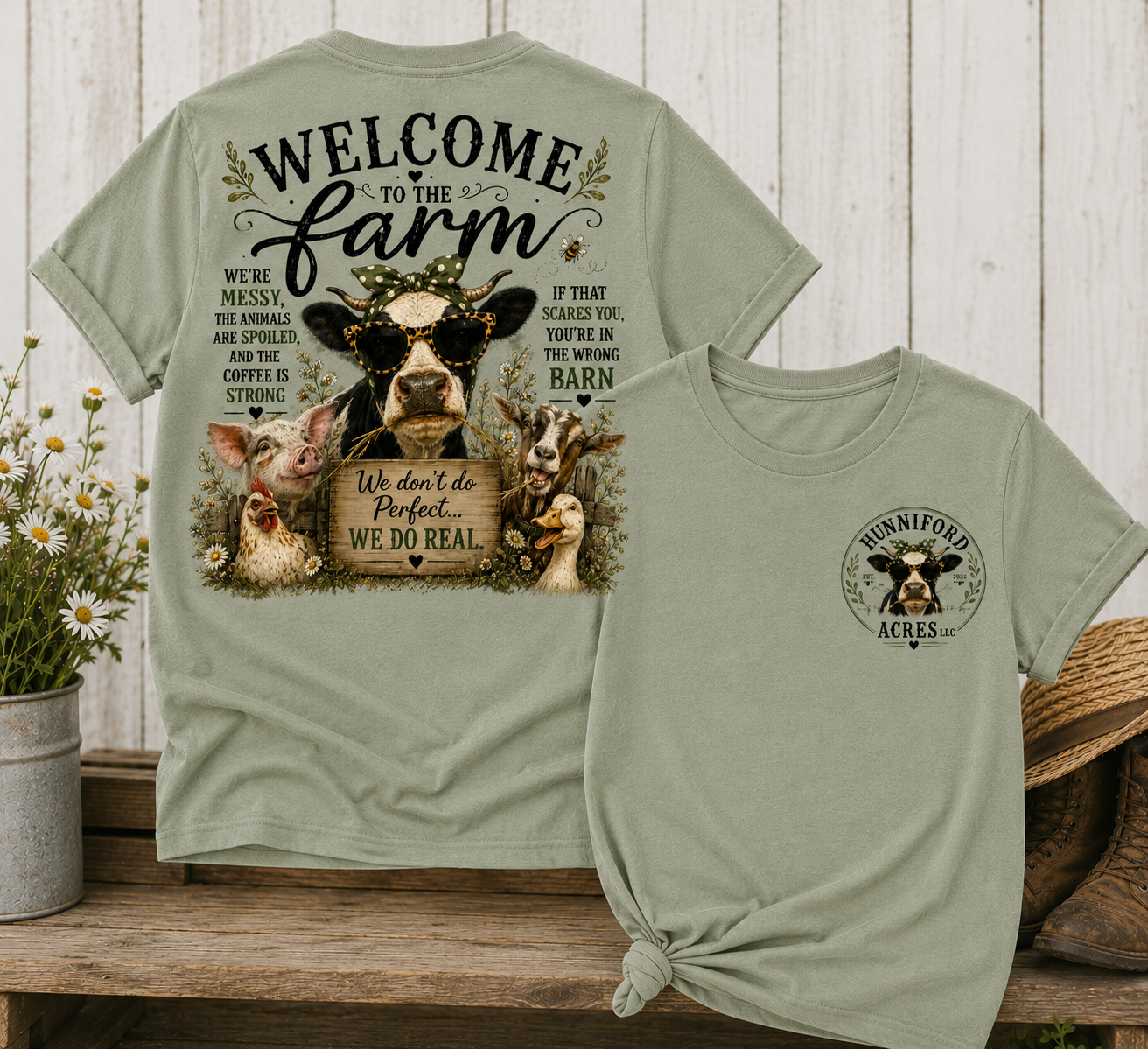 Unisex graphic T-shirt featuring a "Welcome to the Farm" design with farm animals, a rustic barn scene, and a coordinating front chest logo.