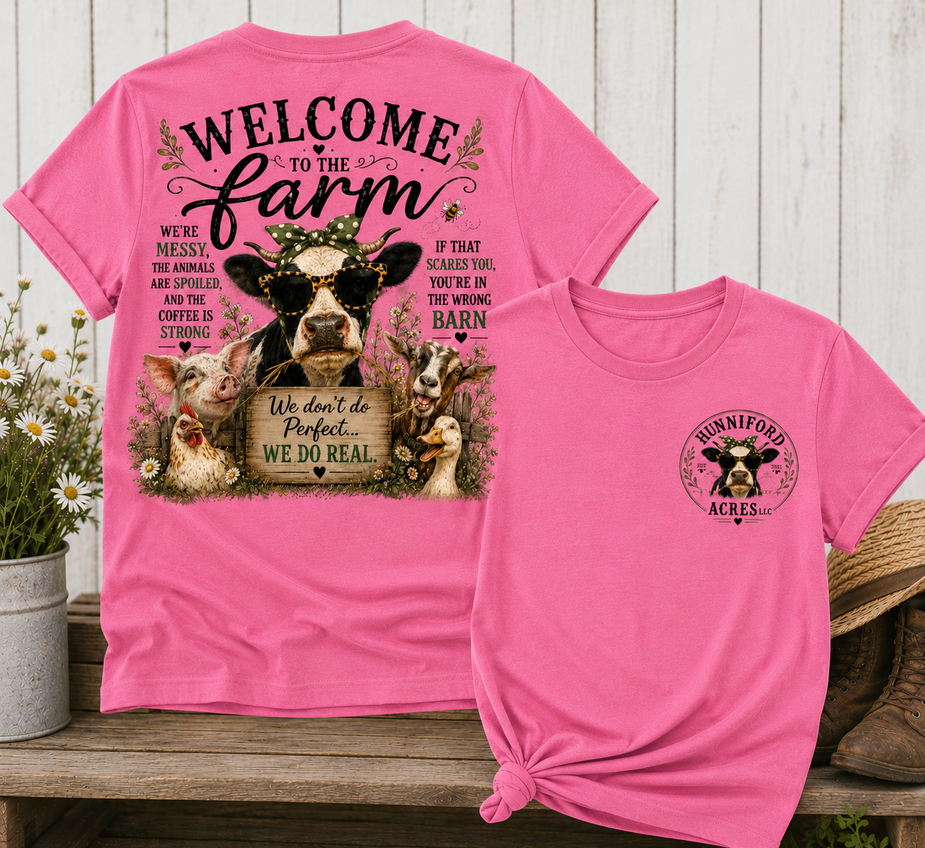 Unisex graphic T-shirt featuring a "Welcome to the Farm" design with farm animals, a rustic barn scene, and a coordinating front chest logo.