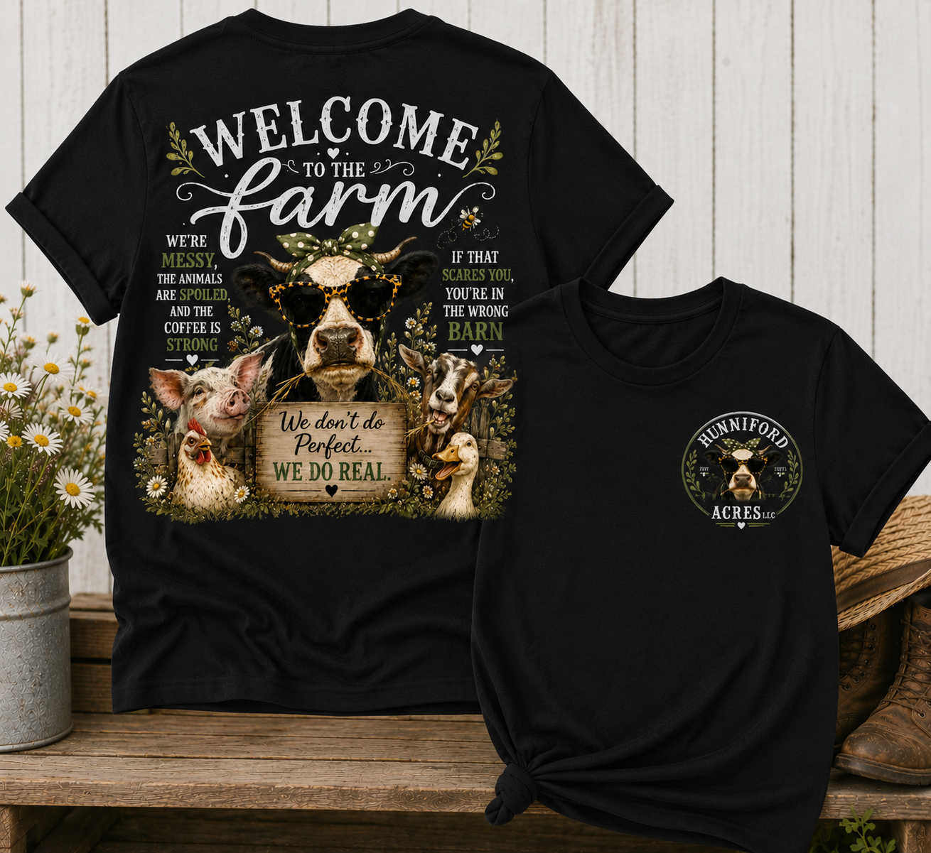 Unisex graphic T-shirt featuring a "Welcome to the Farm" design with farm animals, a rustic barn scene, and a coordinating front chest logo
