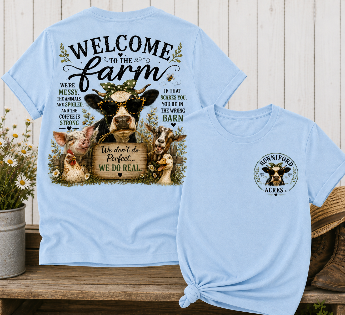 Unisex graphic T-shirt featuring a "Welcome to the Farm" design with farm animals, a rustic barn scene, and a coordinating front chest logo.