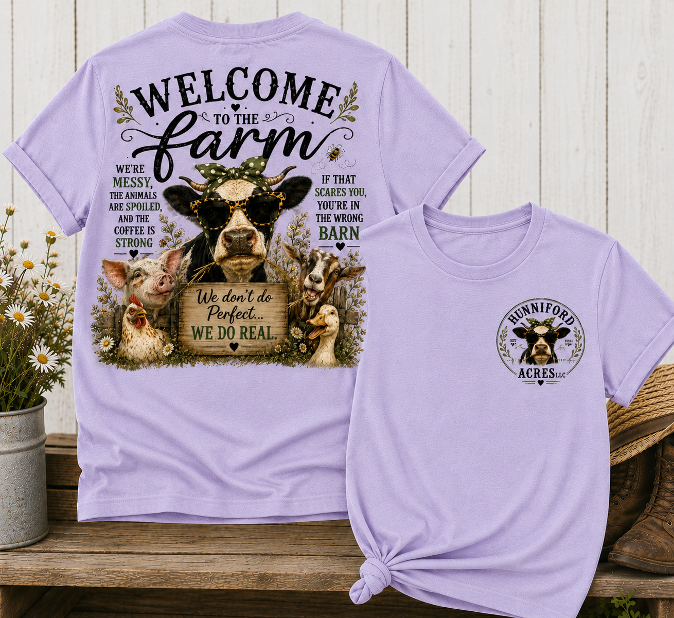 Unisex graphic T-shirt featuring a "Welcome to the Farm" design with farm animals, a rustic barn scene, and a coordinating front chest logo.