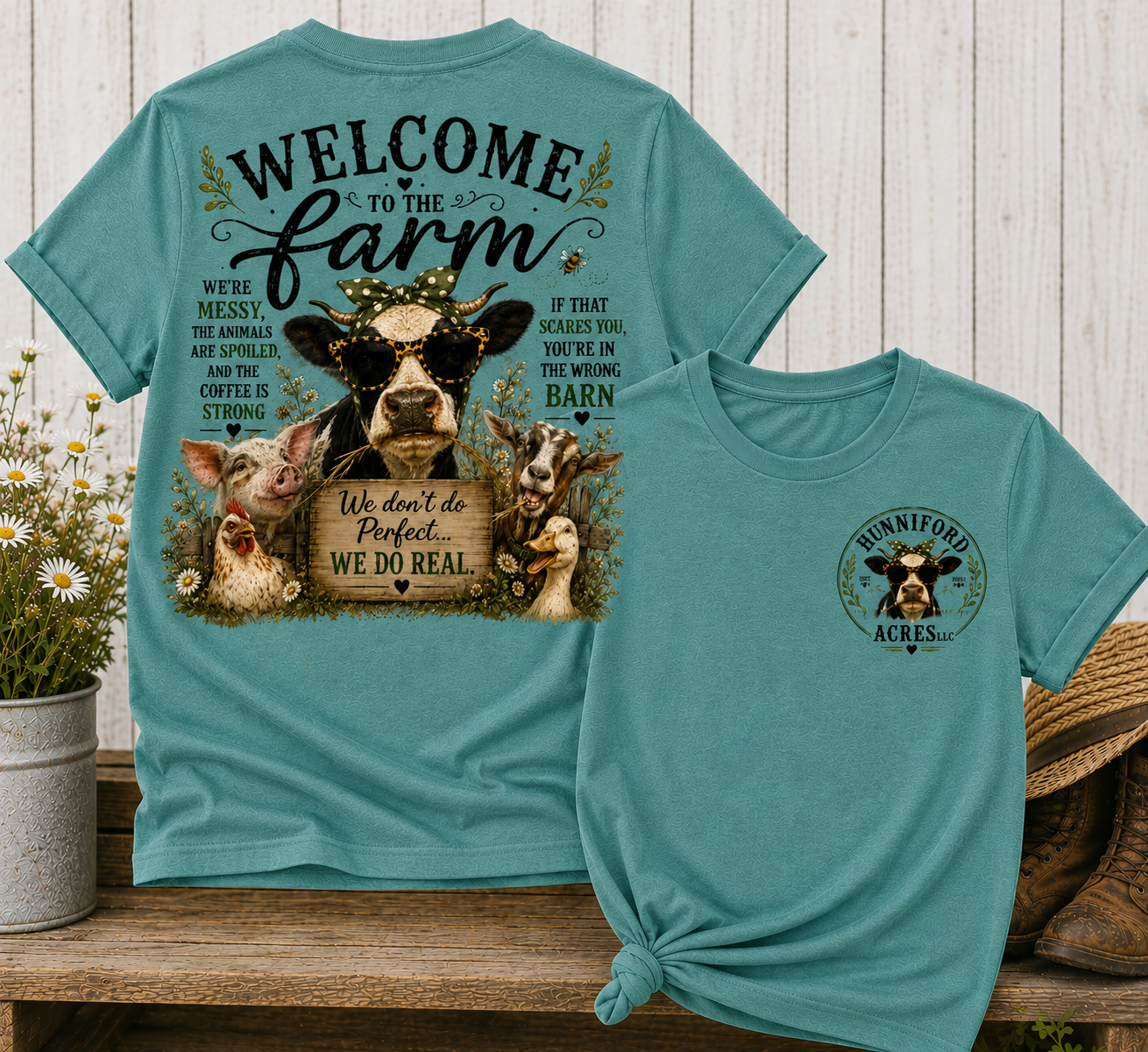 Unisex graphic T-shirt featuring a "Welcome to the Farm" design with farm animals, a rustic barn scene, and a coordinating front chest logo