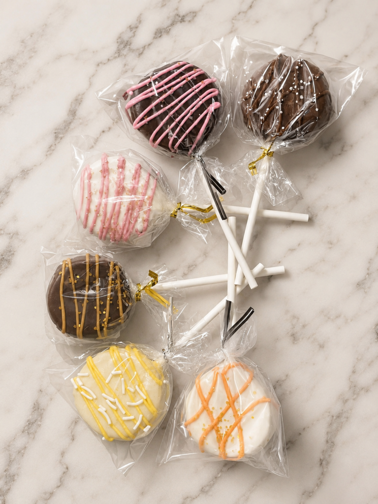 Assorted Hunniford Acres handmade cake pops in chocolate, strawberry, lemon, orange and specialty flavors, individually wrapped and decorated with colorful drizzle.