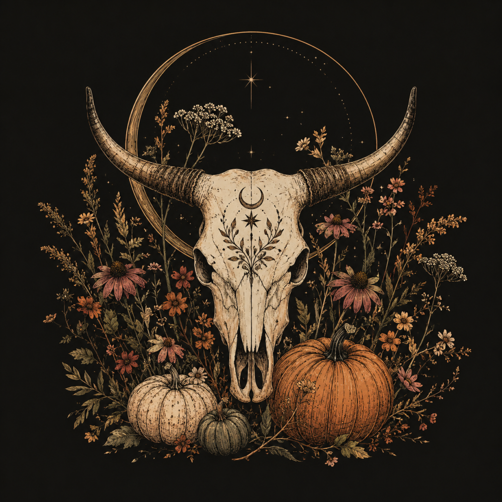 Autumn Wildflower Longhorn Skull Long Sleeve Tee