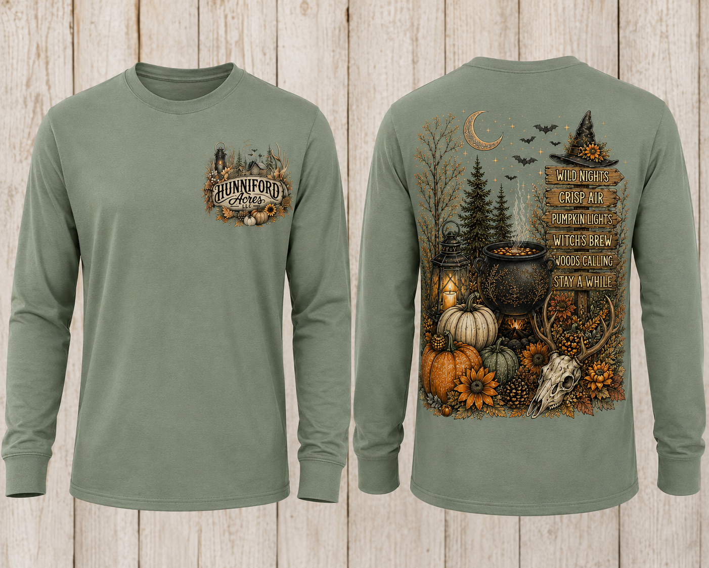 Hunniford Acres Halloween long sleeve shirt with rustic logo on front and witchy woodland fall design on back