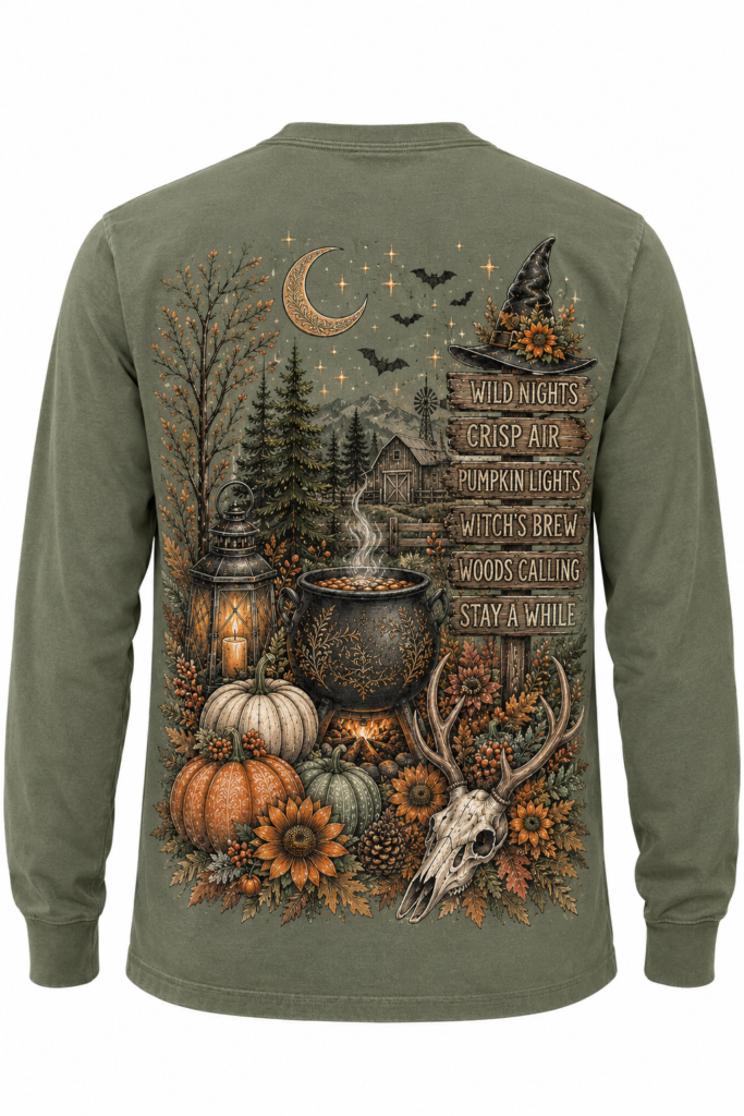 Hunniford Acres Halloween long sleeve shirt with rustic logo on front and witchy woodland fall design on back