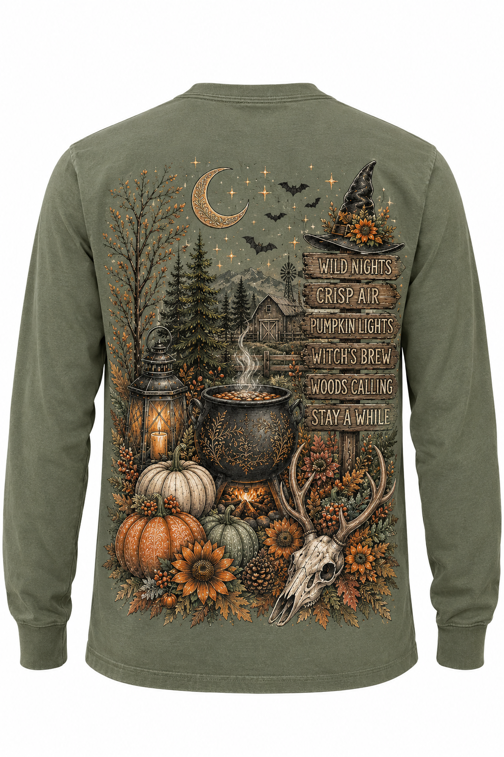 Hunniford Acres Halloween long sleeve shirt with rustic logo on front and witchy woodland fall design on back