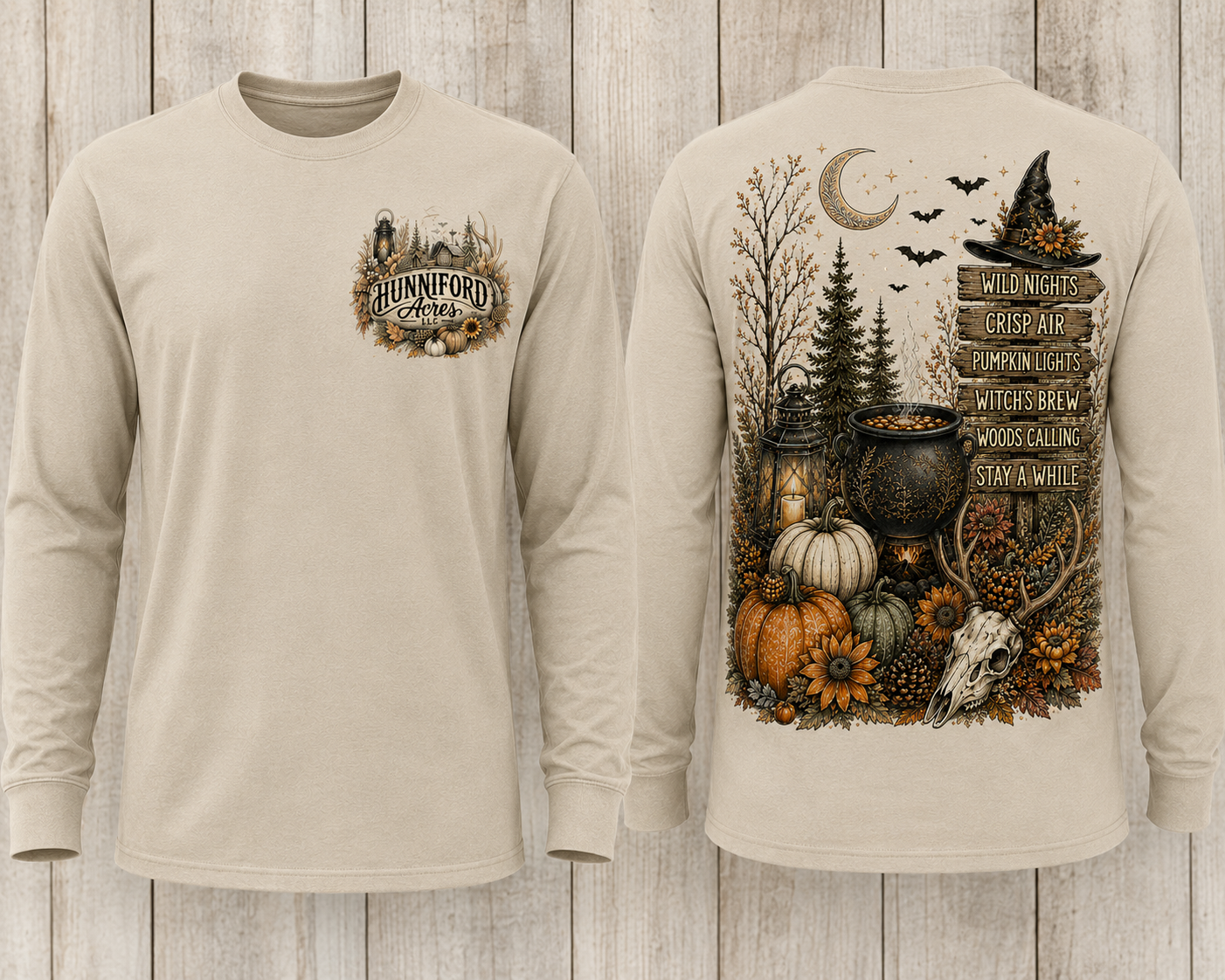 Hunniford Acres Halloween long sleeve shirt with rustic logo on front and witchy woodland fall design on back