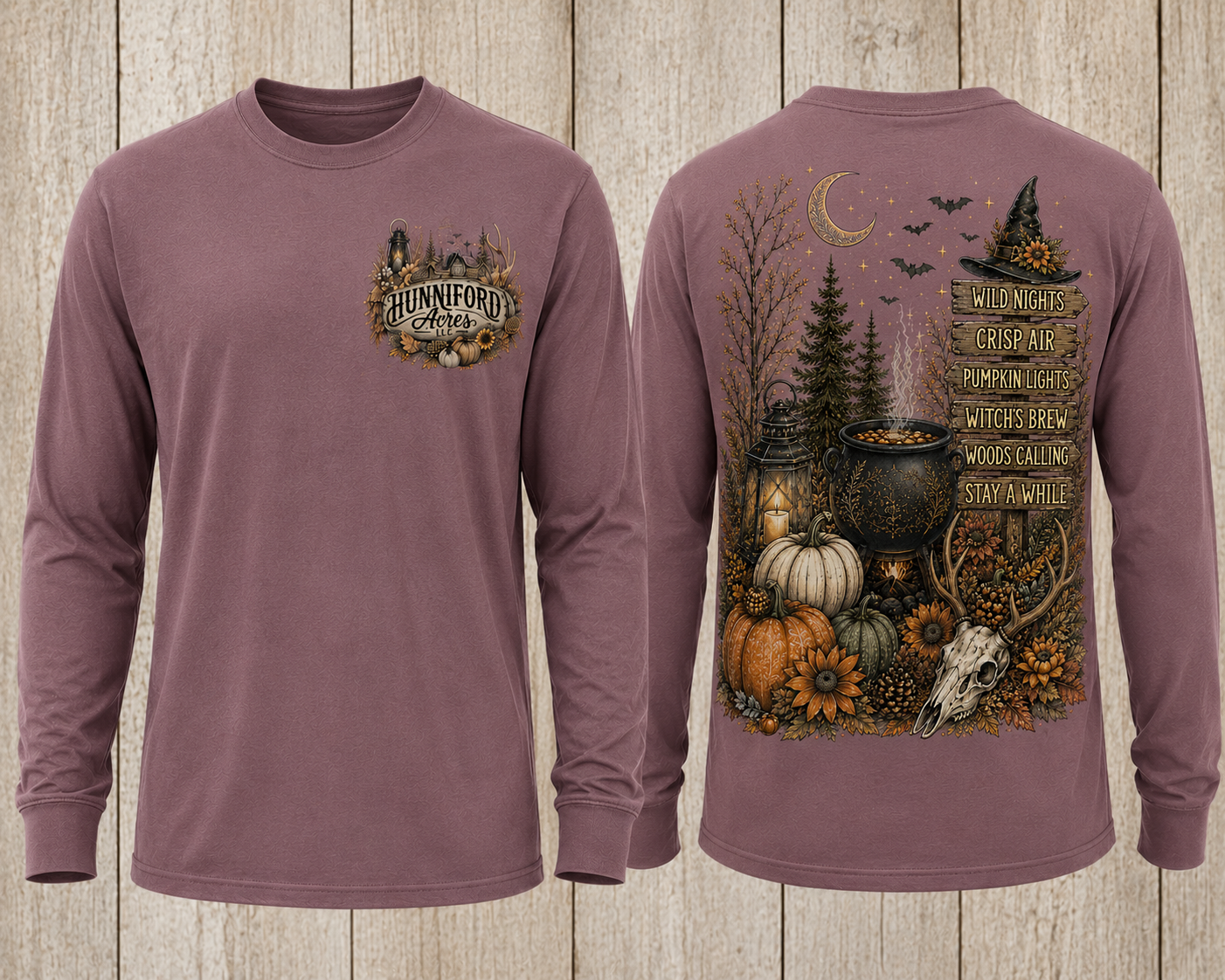Hunniford Acres Halloween long sleeve shirt with rustic logo on front and witchy woodland fall design on back