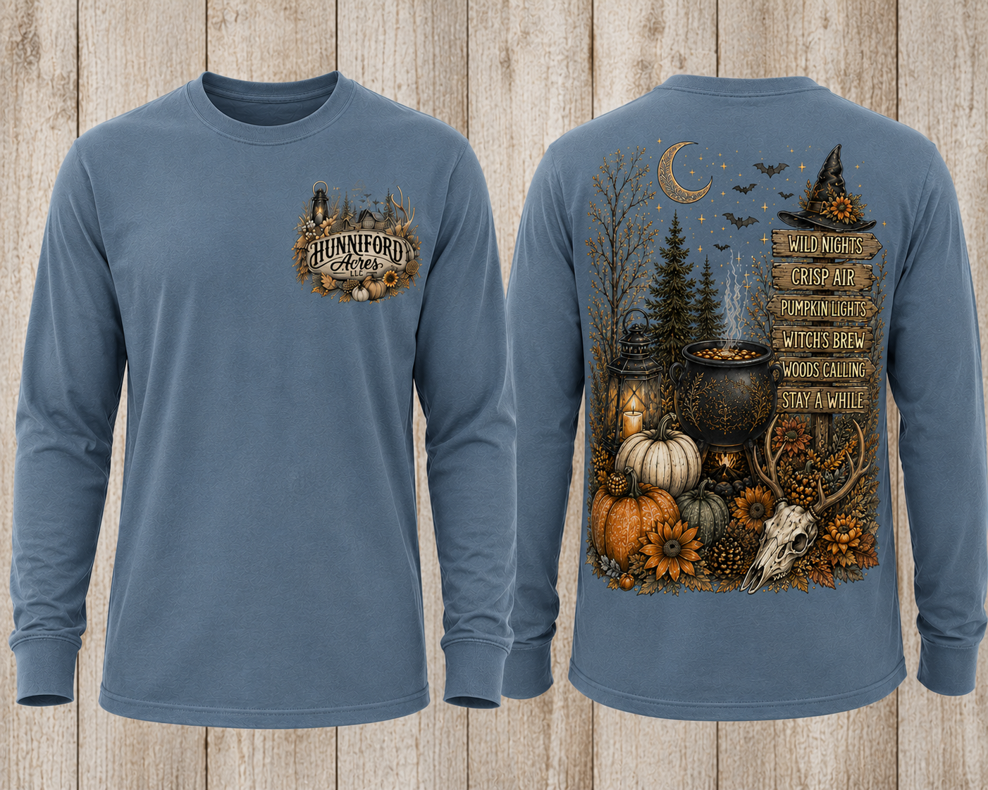 Hunniford Acres Halloween long sleeve shirt with rustic logo on front and witchy woodland fall design on back