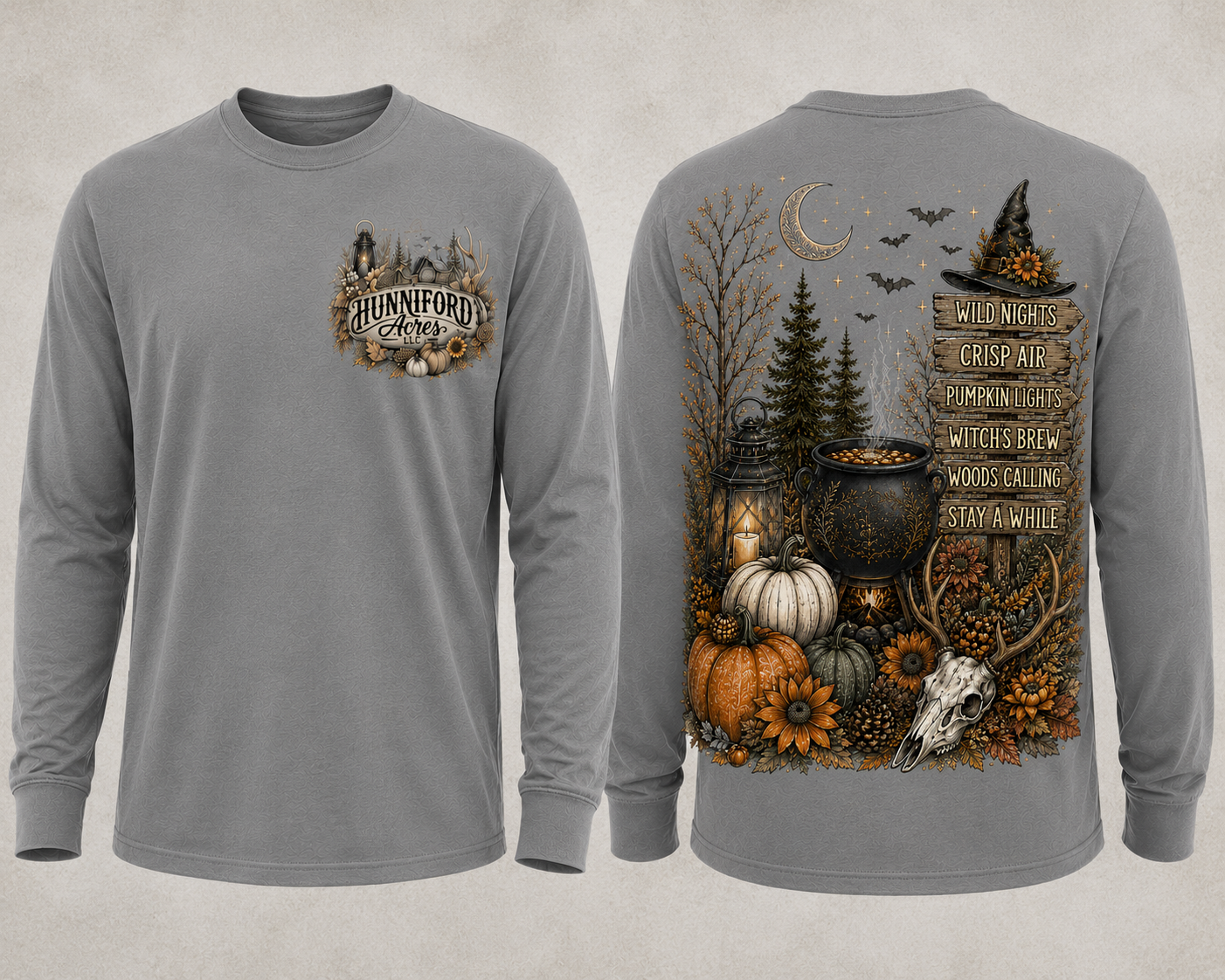 Hunniford Acres Halloween long sleeve shirt with rustic logo on front and witchy woodland fall design on back