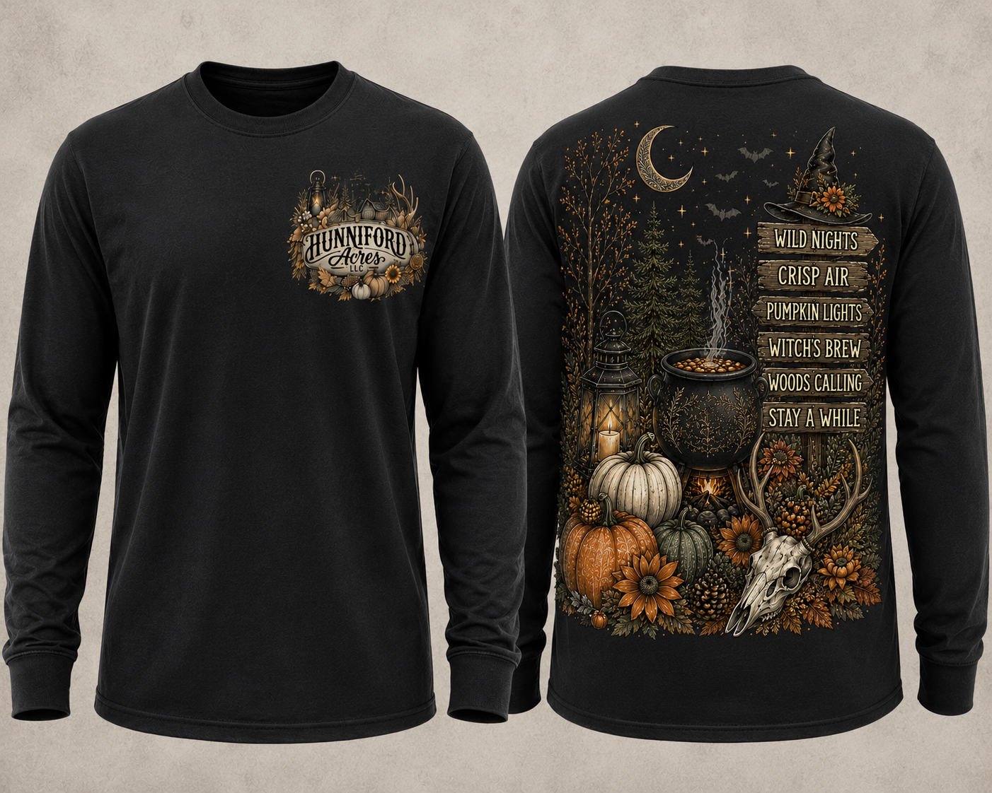 Hunniford Acres Halloween long sleeve shirt with rustic logo on front and witchy woodland fall design on back