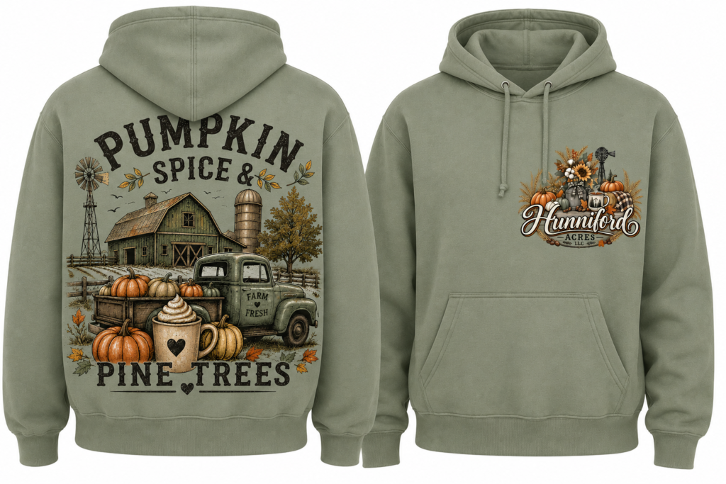 Pumpkin Spice & Pine Trees farmhouse hoodie featuring a vintage barn, farm truck, pumpkins, windmill, coffee mug, and Hunniford Acres LLC front logo.