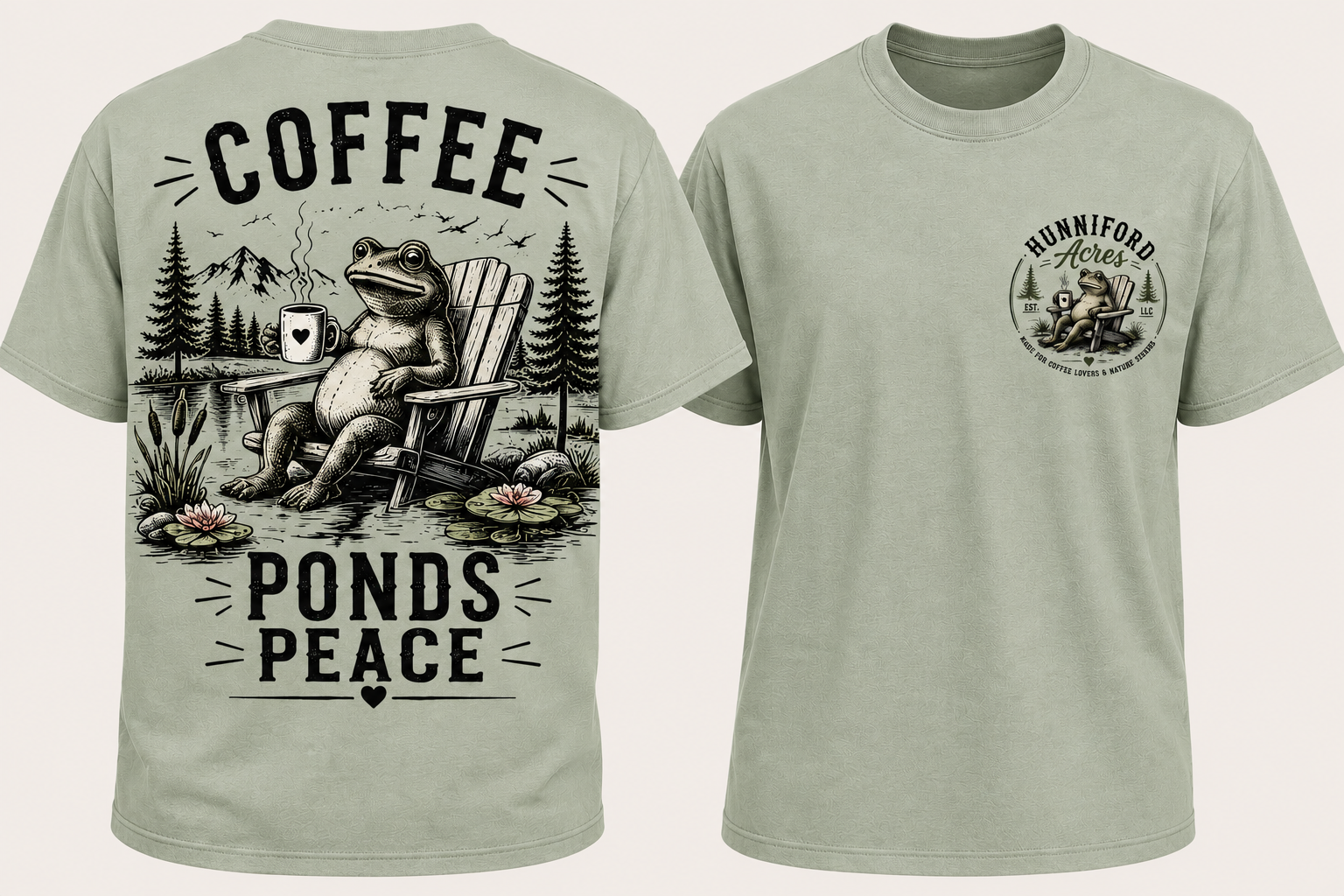 Coffee Ponds Peace T-shirt featuring a relaxed frog sitting beside a peaceful pond with a coffee mug, mountain and forest scenery, and Hunniford Acres logo on the front.
