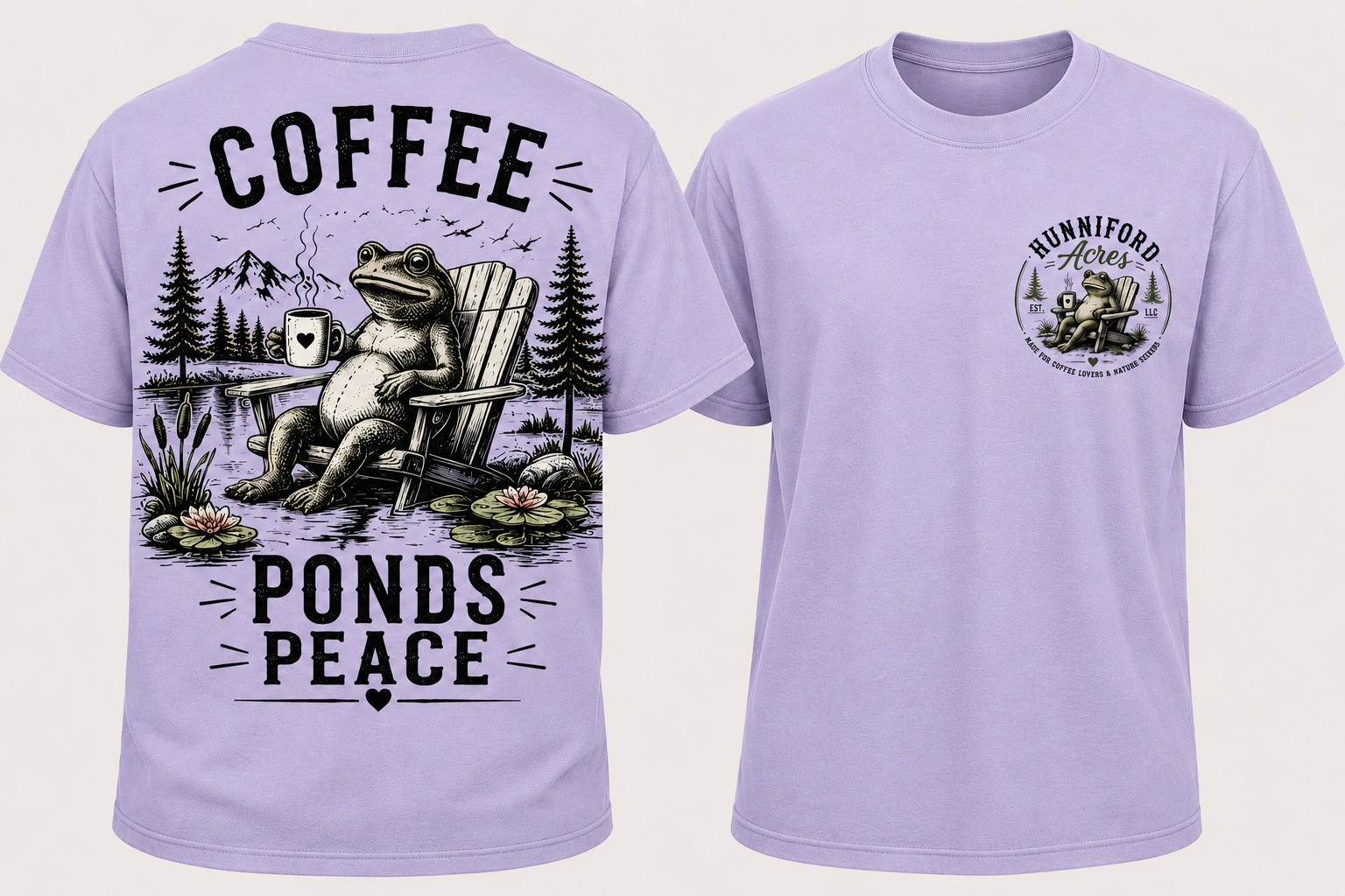 Coffee Ponds Peace T-shirt featuring a relaxed frog sitting beside a peaceful pond with a coffee mug, mountain and forest scenery, and Hunniford Acres logo on the front.
