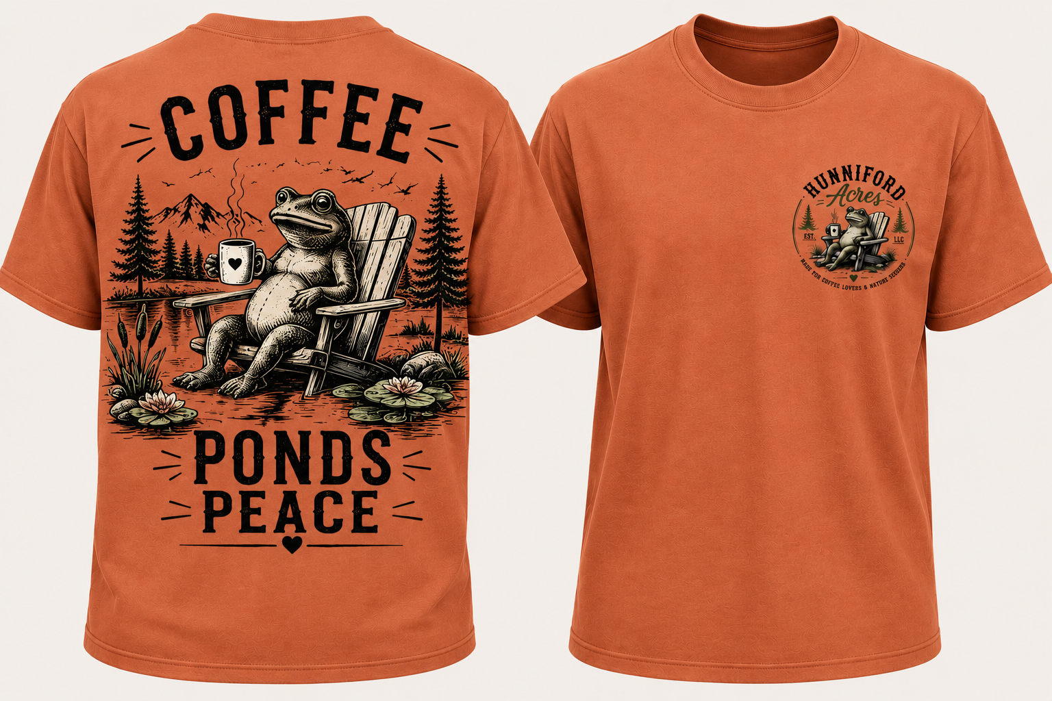 Coffee Ponds Peace T-shirt featuring a relaxed frog sitting beside a peaceful pond with a coffee mug, mountain and forest scenery, and Hunniford Acres logo on the front.